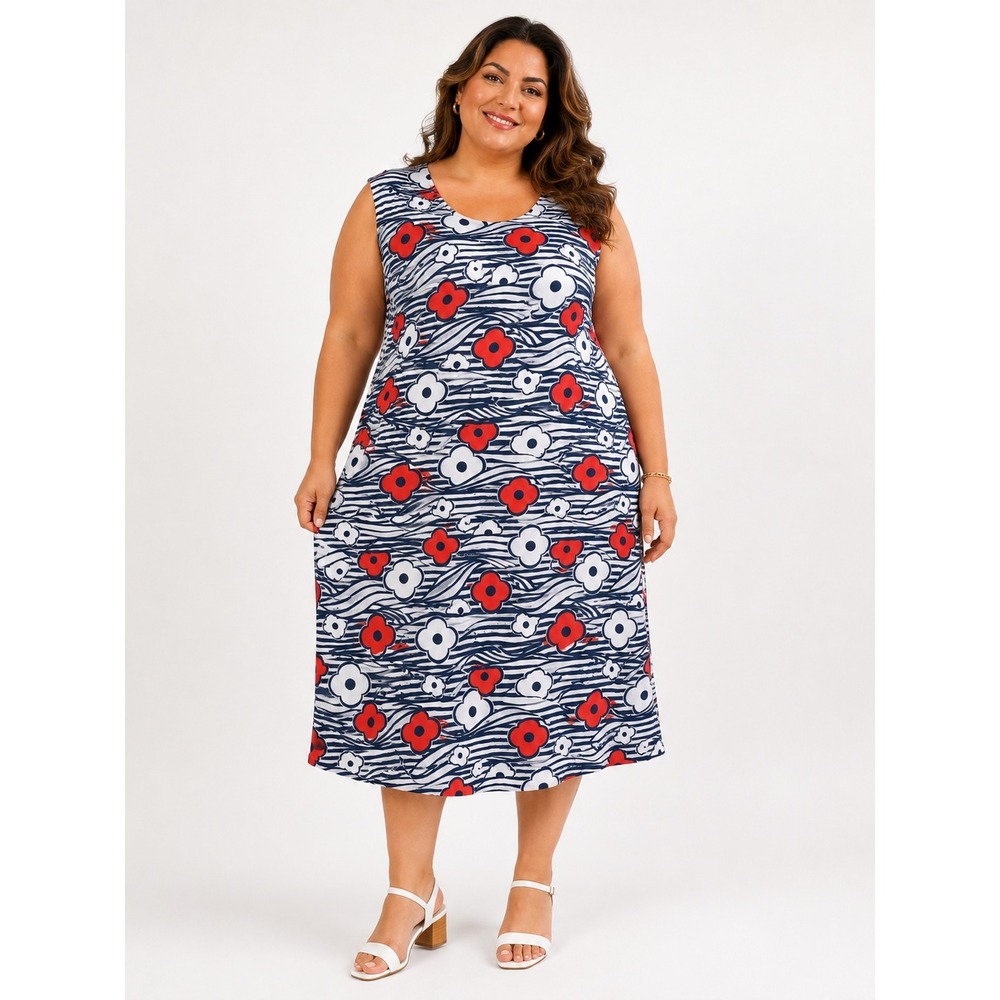 Kaari Blue Womens Size 16‎ Sleeveless Shift Dress Navy Red White Floral Striped